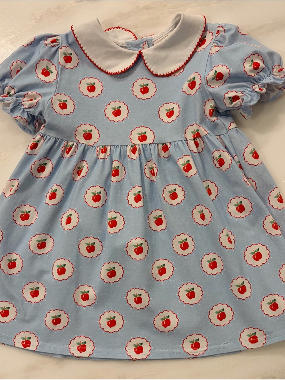 Girls Blue Apple Print Peter Pan Collar Dress